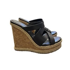 Jimmy Choo Prisma Black Leather Wedge Heels Slides Mules Sandals Size 38